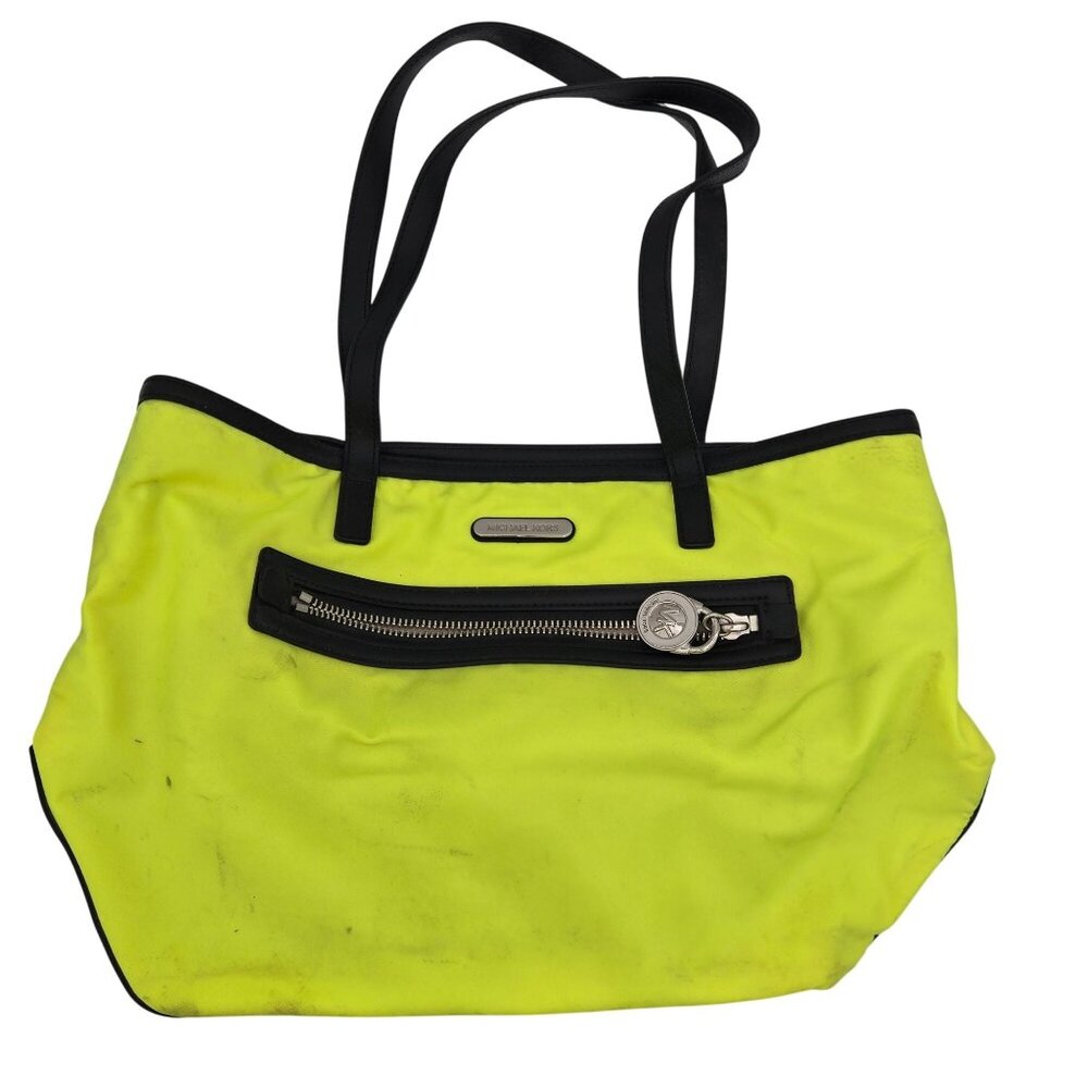 Michael Kors Neon Yellow Green Nylon Tote Bag W/ Black Trimming & Zip Pocket
